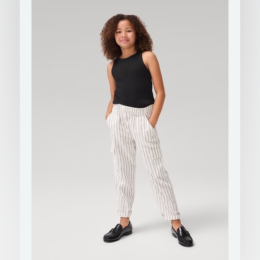 GAP Kids Girls Linen Cargo Pants Striped Black White Pull On Summer Size L 10